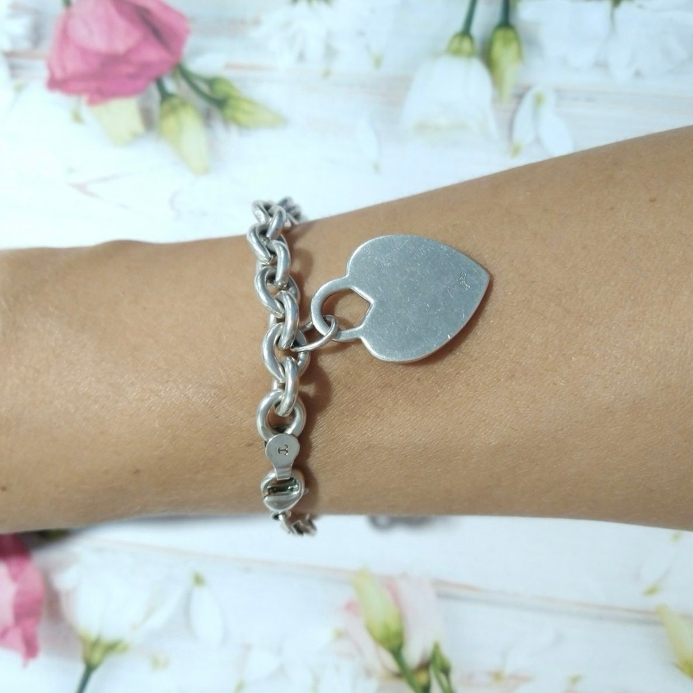 Designer 925 sterling silver cable chain bracelet large Heart charm 7''L signed